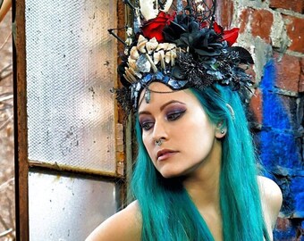 Witchy Gothic Headdress with Cat Skull
