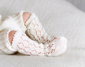 KNIT BABY SOCKS off white ivory lace socks Baby shower gift Baptism accessory Legwear Knit lace socks