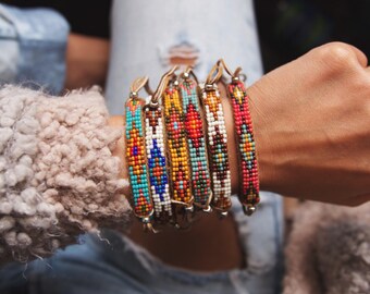 BC-11, handmade Native American inspired adjustable beaded cuff bracelet with fringe