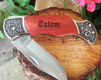 Personalized Pocket Knife, Hunting Knife, Gift for Men, Fathers Day, Custom Camping Knife, Groomsmen Knife, Engraved Knifes, Engraved Wood