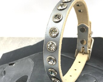 Small Leather Dog Collar - Rhinestone Crystal Studs on Metallic Silver Leather, Size S, to fit a 9-12 Neck, Seattle Handmade, OOAK