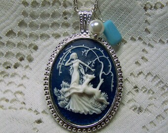 Goddess Cameo Necklace - Diana Pendant - Artemis - Huntress - Goddess of the Hunt - Forest - Woodland Wedding - Nature - Navy Blue and White