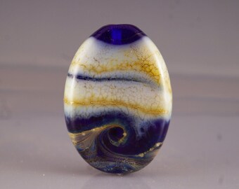 Lampwork Glass Focal Bead - tab bead in blue, white and gold