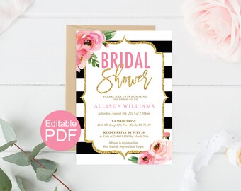 Floral Bridal Shower Invitation Template, Kate Bridal Shower Invites, DIY Printable Wedding Shower, Black and White Stripes, Editable PDF