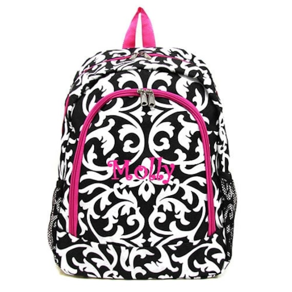 Personalized Backpack girls damask canvas with hot pink trim