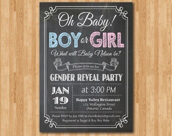 Chalkboard Gender Reveal Invitation. Baby boy or girl announcement Party. Oh Baby. Black and White typography. Printable digital DIY.