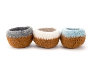 SALE- Wooly Felted Bowls - 3 felted bowls - camel brown/burnt brown natural, grey, blue 3