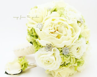 Bridal Bouquet with Real Touch Peonies Real Touch Roses Hydrangea Silk Ranunculus in Green and Ivory with Rhinestones