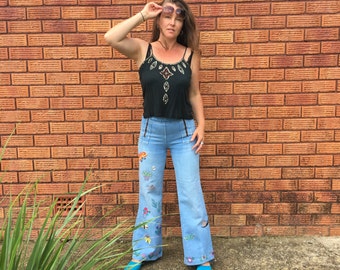 RARE - Brittania 70's Embroidered Bellbottom Jeans, Size S-M Small-Med