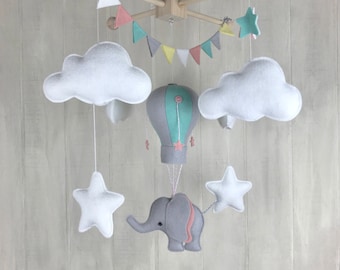 Baby mobile - hot air balloon mobile - nursery decor - travel mobile - elephant theme - cloud mobile - sky mobile - hot air balloon nursery