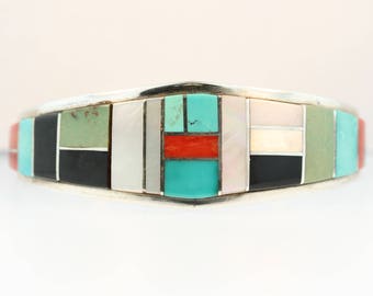Turquoise Coral Mother of Pearl Onyx Lapis Spiny Oyster Sterling Silver Native American Cuff Bracelet