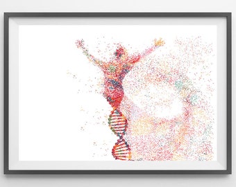 DNA Man Watercolor Print abstract symbol of man made out of dna molecules, dna shaped man biology art science art genetic art genome print