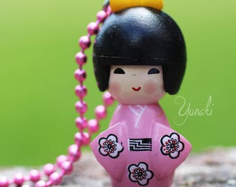 Pink kimono kokeshi pendant necklace