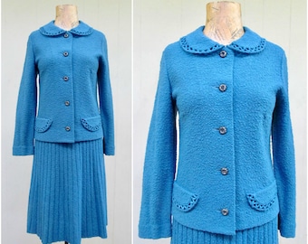 Vintage 1950s Knit Suit / 50s Kimberly Blue Wool Boucle Knit Jacket Skirt / Medium