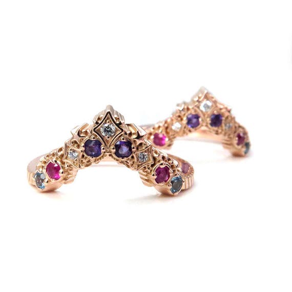 Nebula Stardust Chevron Wedding Band with Amethyst, Pink Sapphire, Swiss Blue Topaz and Diamonds