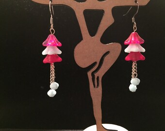 Red and milk-blue flower cone dangle earrings