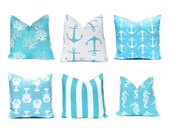 Pillows, Pillow Covers, Decorative Throw Pillow Cover Beach Decor 20 x 20 Coastal Blue Aqua on White Beach Wedding Decor Turquoise Pillow