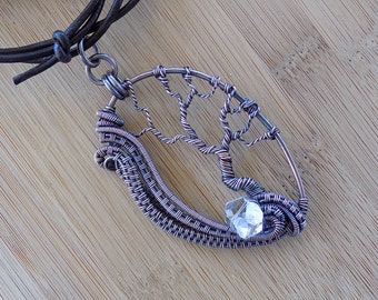 Tree of Life Pendant Swirling Wire Weave Diamond Quartz Oxidized Copper Wire Wrapped Jewelry Handmade Renaissance Amulet Unique Antiqued