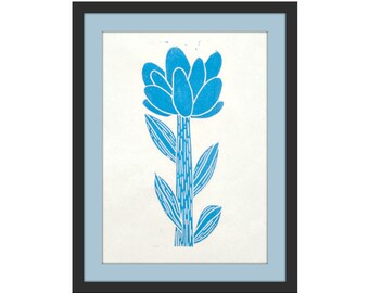 small linocut - FLOWER // 5x7 art print // printmaking // block print // nature art // wildflower // original art // miniature // blue