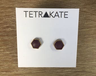 Maroon Red and Raw Brass Hexagon Stud Earrings | Maroon Red and Brass Stud Earrings | Hexagon Stud Earrings | Geometric Stud Earrings
