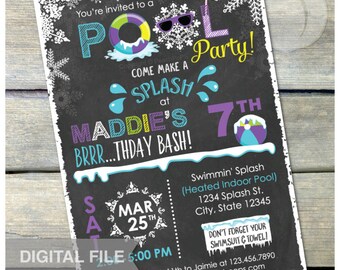Purple Winter Pool Birthday Party Chalkboard Invitation Snow Indoor Pool Party - DIGITAL Printable Invite - 5” x 7”