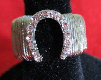 Horseshoe Ring, Vintage Silver & rhinestone expandable, Size 5 1/2, Equestrian Lover, Lucky horseshoe, Estate Sale Item, R125