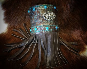 Custom Made Turquoise & Brown Leather Fringe Cuff