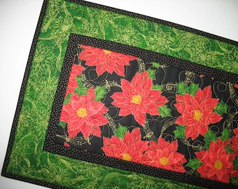 Christmas Table Runner, Poinsettias, quilted, handmade, fabric Quilting Treasures
