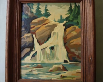 Landscape Oil Painting of Rocks, Waterfall and Evergreens