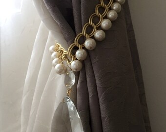 PAIR (x2) of Chanel inspired tiebacks, golden chains curtain holders with faux pearls and vintage crystals