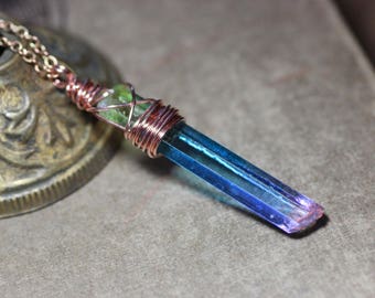 Multicolor Quartz Point Necklace Aura Quartz Crystal Boho Luxe Rustic Copper Jewelry Rainbow