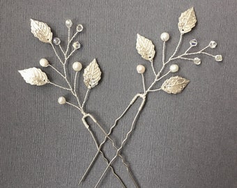 Silver leaf hair pin, silver wedding hair piece, set of 2, boho hair pin, ivy hairpiece, prom hair accessory, bridal hairpiece, ivy leaves
