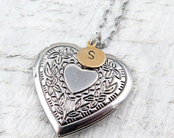 Personalized Heart Locket Necklace with Hand Stamped Initial, Mothers Day Gift for Her, Anniversary Gift, Wedding Gift