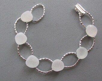 Sea Glass Jewelry, White Sea Glass Bracelet, Hammered Bracelet, Beach Glass Bracelet, White Jewelry, Wedding Gift, Gift for Her