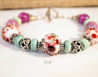 Lampwork and Sterling Silver Bracelet Chunky Artisan Lampwork Bracelet Rose and Aqua OOAK Handmade Lampwork Bracelet Artisan Jewelry