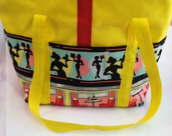 Large Tote in Bright Yellow with 1950s diner print pockets trimmed in red.