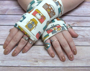 Womens Fingerless Gloves - Organic arm warmers- Short Gloves- Fingerless mitts-Texting Gloves - Driving Gloves-Best Seller - camera print