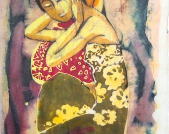 Lee Long Looi-Duo/Two Malaysian Girls-Signed Batik on Rice Paper