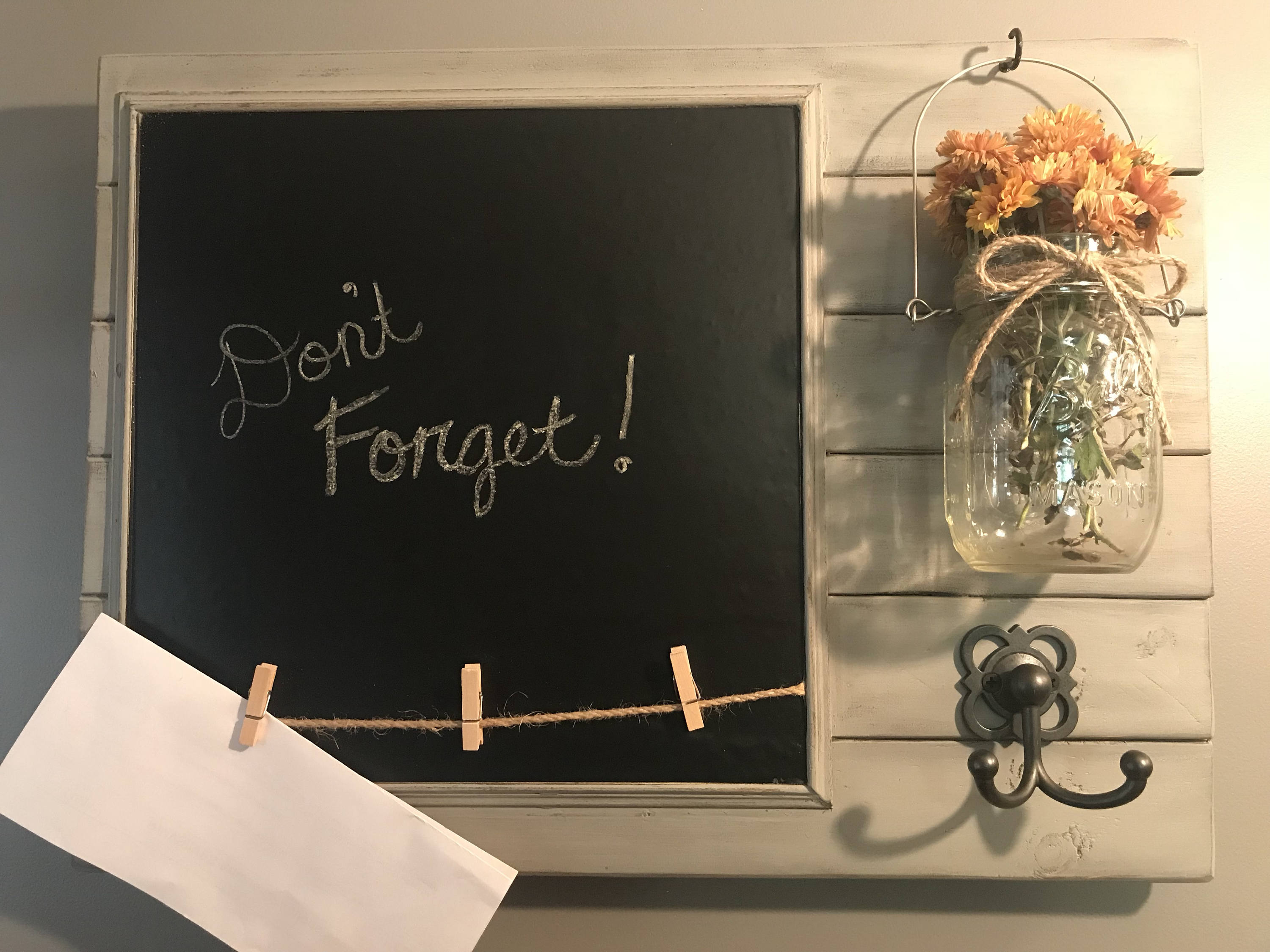 Entryway Chalkboard and Clothespin Message Board with Key