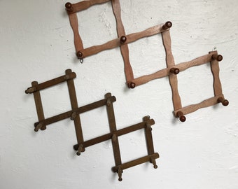Wooden accordion peg rack, vintage wall hanging clothes storage