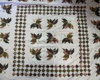 Quilt Hand Quilted 82" X 92" Leaves & Diamond Shapes on White