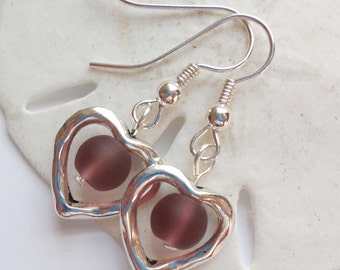 Purple Sea Glass Earrings, Sea Glass Jewelry, Beach Glass Earrings, Beach Glass Jewelry, Silver Heart earrings. FREE SHIPPING in the U.S.