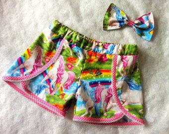 girls unicorn shorts, colourful unicorns, kids clothes, fairytales, princesses, girls shorts, summer wear, pretty unicorn, rainbows, shorts