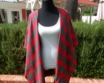 Plaid Poncho, Boho Poncho, Women Poncho, Women Wrap, Shawl, Boho Chic Poncho, Ponchos, Cape--Red & Gray Plaid Poncho