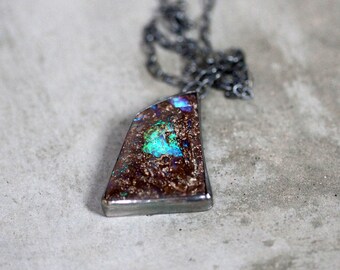 Australian Boulder Opal Necklace, Chocolate Brown Gemstone Oxidized Sterling Silver Necklace Earthy Rustic October Birthstone Necklace