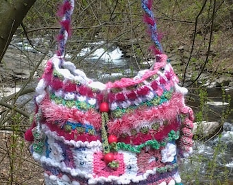 Boho Crochet Bag..Colorful Beaded Shoulder Bag..Hippie..Large..Rainbow colors..Granny Squares..60's Vibe..Crochet Flowers.Pompoms