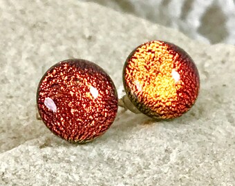 Dichroic Glass Earrings Sterling Silver Post Fittings with Silver Butterfly Backs Sparkling Iridescent Colours - Round 10mm -Gift Box