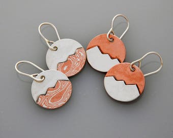 Mixed metal jewelry mixed metal mountain earrings, silver and copper peaks dangles