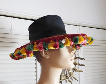 Black Straw Large Big Brim Floppy Vintage Hat with Multi Color Tassel Trim Pink Green and Yellow Size Medium Pleated Bow
