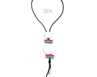 Funky Lagenlook pendant necklace with silver discs and colourful slot beads.